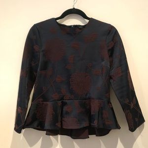 Zara Navy Blue Satin Floral Peplum Blouse Small